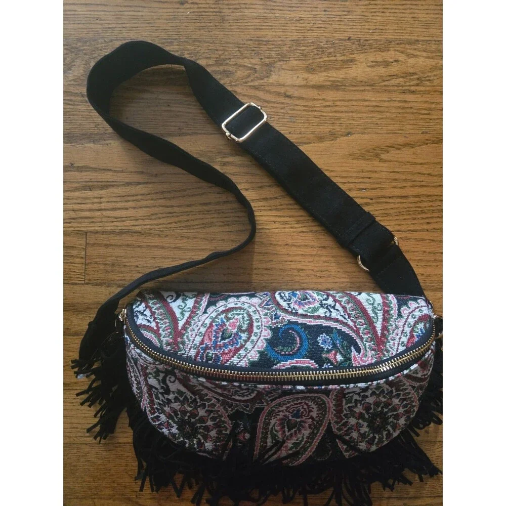 Anthropologie Crescent Fringe Tapestry Sling Bag Rare Sample NWOT